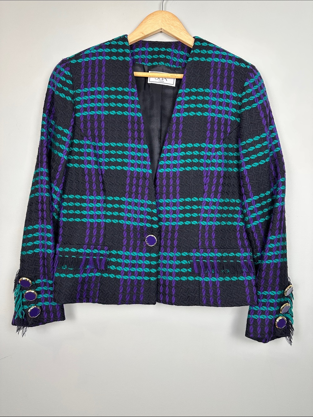 93. Vintage wool JAX Canada blazer purple green black